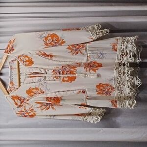 daniel rain Peasant Boho Ivory Floral Crochet Blouse Womens Size M